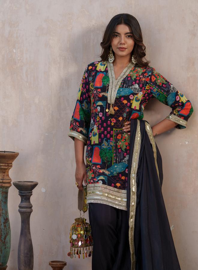 DW Women Black Ethnic Motifs Straight Kurta with Salwar and Dupatta Set - Image 3